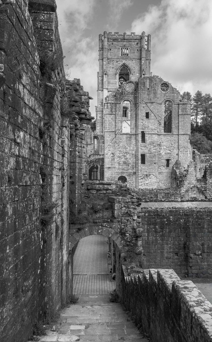 Fountains Abbey tower seen beyond descending stone steps