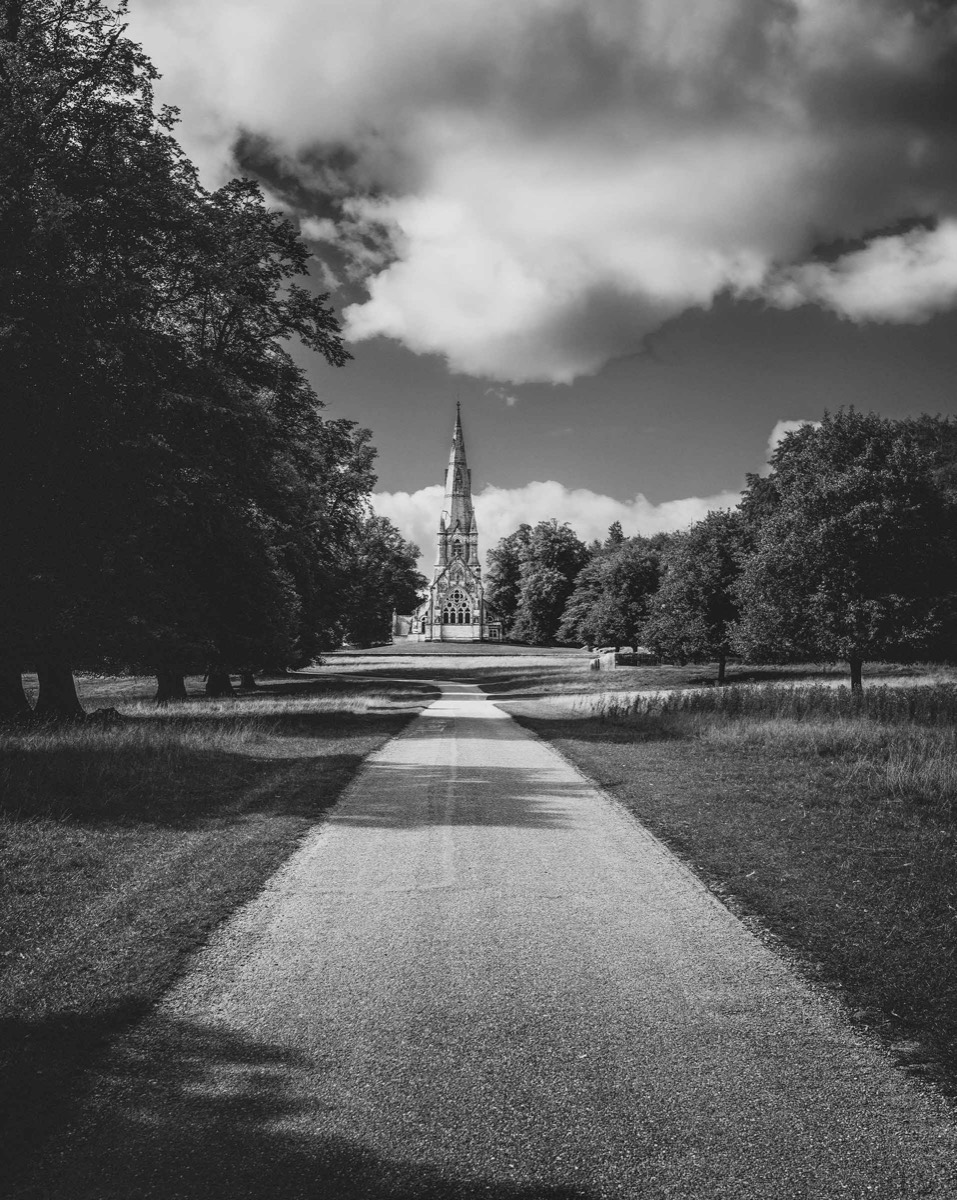 Long tree-lined path leading towards a church spire