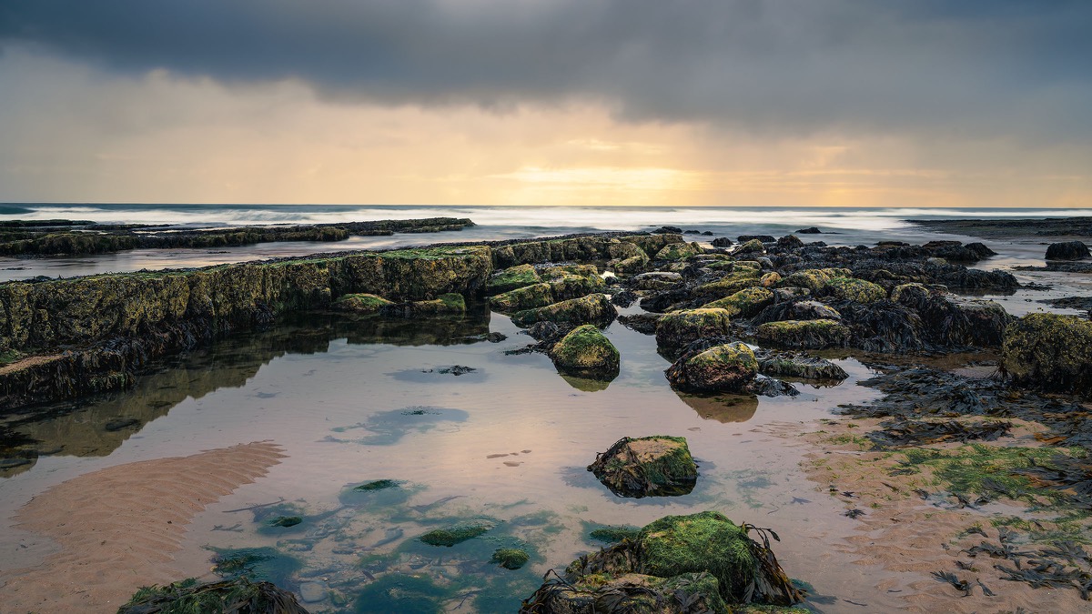 Reflective rock pool beneath a pale evening sky