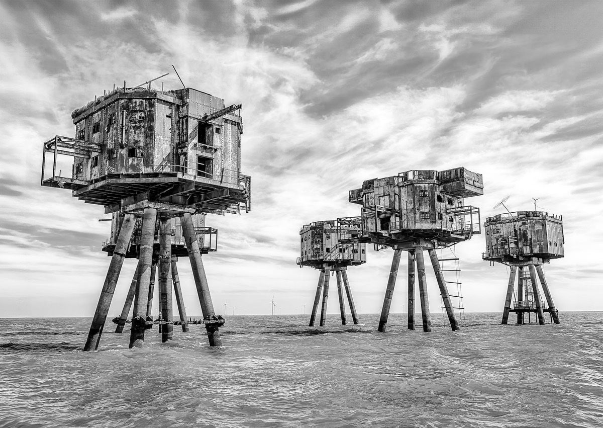 Four Maunsell sea forts standing offshore